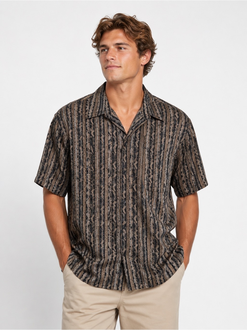 Quiksilver Edition 100% Cotton Camp Shirt Palm Stripe Brown Men’s Large